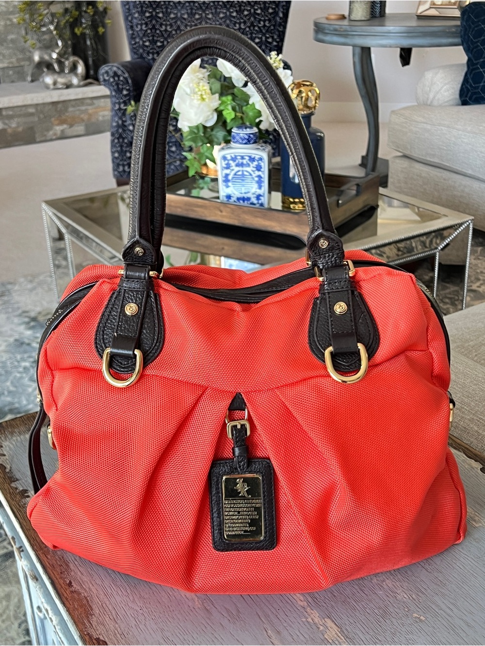 JPK Paris 75 Designer Vibrant Orange Women’s Satchel Handbag with Black Trim